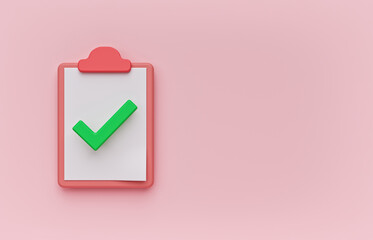 clipboard with tick mark icon. minimal background with copy space. 3d rendering