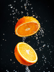 Fototapeta na wymiar Wet and juicy orange cut in two halves flying in the air with water drops splashing isolated on contrast black background. Summer citrus fruit refreshment. Creative food or drink concept.