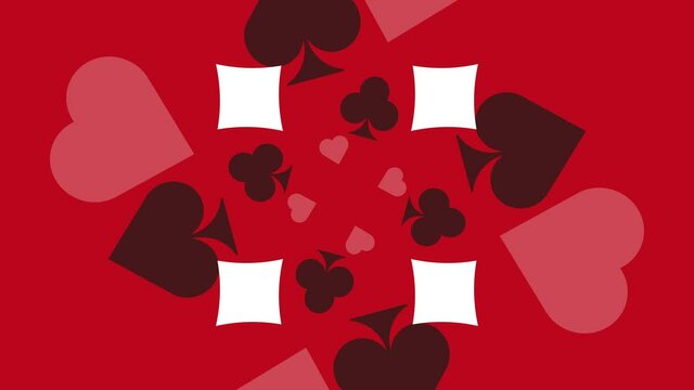 Playing card symbols - Diamonds, Clubs, Hearts and Spades - on a red background. Simple motion graphic gambling concept animated spiral