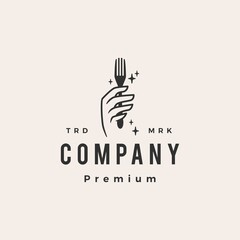 hand hold fork food restaurant hipster vintage logo vector icon illustration