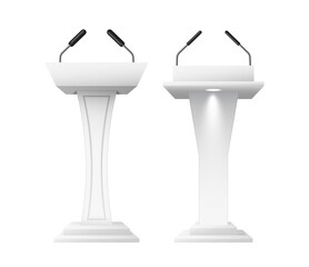 Realistic speech tribunes with microphones. Debate podiums, 3d public presentation mockups