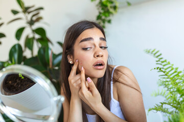 Shot of a young woman squeezing a pimple in front of the mirror, A young woman looking shocked as she examines her skin