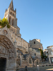Fototapeta na wymiar Monolithic Church and Bell tower in Saint Emilion. France. St Emilion is French village famous for the excellent red wine.