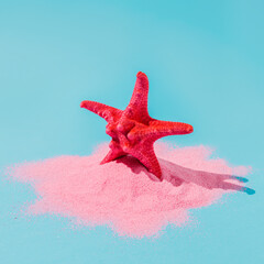 Pink starfish on pink sand with a blue background. Ocean and sea animal on the beach. Creative summer travel or vacation concept. 