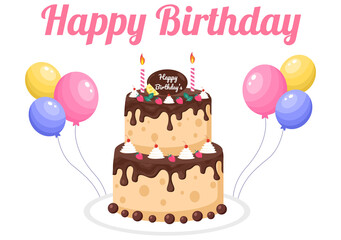 Happy Birthday Party Celebrating Illustration with Balloon, Hats, Confetti, Gift and Cake. For Making Card, Invitations, Photo Frames and Backgrounds