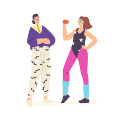 Happy Characters in 80s 90s Fashion Style Clothes and Hairstyle. Woman in Pink Leggings, Gaiters and Swimsuit Training