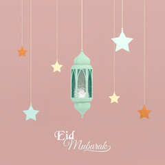 3d render image greeting card islamic style for eid mubarak, eid al-adha with blue arabic lamp, stars, and eid mubarak phrase