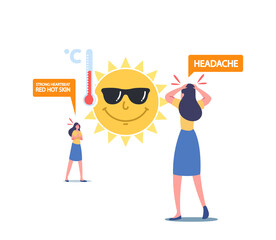 Heat Stroke Symptoms Concept. Female Characters Suffer of Sun and High Temperature with Strong Heartbeat, Red Hot Skin