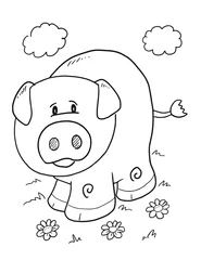 Papier Peint photo autocollant Dessin animé Mignon Animal Ferme Cochon Coloriage Page Illustration Vectorielle Art