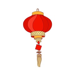 Fototapeta na wymiar Chinese street lantern. Hanging decorative paper lamp with fringe and candle inside. Asian ceremonial religious light. Traditional festival decoration. Colored vector illustration isolated on white