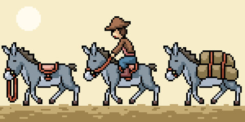 Fototapeta na wymiar pixel art donkey caravan travel