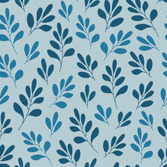 Fototapeta premium Seamless pattern with blue leaves and simple branches on a light blue background. Decorative herbal forms. For printing textiles, gift wrapping, wallpaper.
