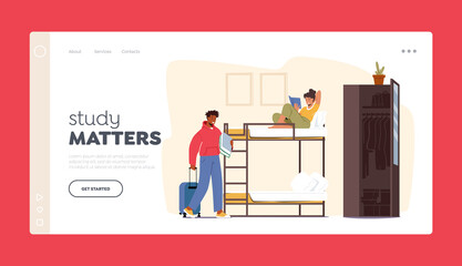 Friends Sharing Room Landing Page Template. Dormitory Roommates Characters Live Together. Woman Read on Bunk Bed - obrazy, fototapety, plakaty