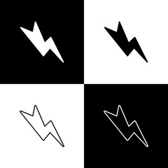 Set Lightning bolt icon isolated on black and white background. Flash sign. Charge flash icon. Thunder bolt. Lighting strike. Vector Illustration