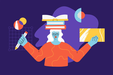 Happy smiling girl with books on her head and pencil in hand studying and learning, smart female in glasses, young modern woman online education, abstract geometric background shapes, trendy style