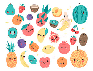 Cute baby fruits with smiling face cartoon stickers clip art for kids. Happy kawaii tropical fruit collection. Magic exotic food characters set in flat doodle style. Modern trendy vector illustration