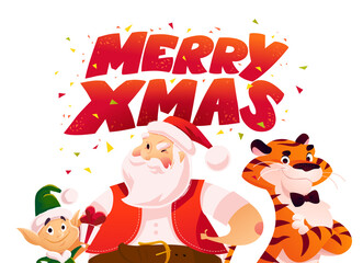 Merry Christmas illustration with little dwarf, Santa Claus, tiger characters and text congratulation isolated. Vector flat cartoon style. For banner, sale card, poster, tag, web, flyer, advertisement