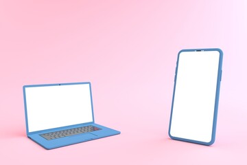 3D rendering of mockup blue smartphone white screen opposite of Mock up of blue laptop white screen lay on the ground. Smartphone white screen can be used for advertising,Isolated on pink background.
