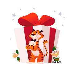 ПечатьMerry Christmas illustration with tiger and little Santa elves at big gift box isolated. Vector flat cartoon style. For banners, sale cards, posters, tags, web, flyers, advertisement etc.