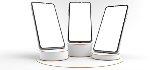 3D rendering of The Smartphones white screen on Round white Pedestal, Mobile phone mockup tilted to the ground. Pedestal can be used for commercial advertising, Isolated on Minimal white background.