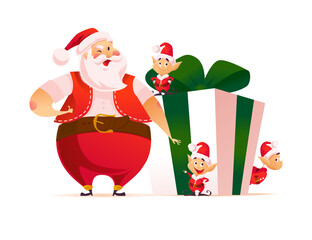 Merry Christmas illustration with smiling Santa Claus and hi little elves at big gift box isolated. Vector flat cartoon style. For banners, sale cards, posters, tags, web, flyers, advertisement etc.