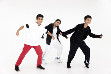 Group of Asian teen teenager dancing hiphop class. Kids enjoy dance with happy smile funny isolated on white background.
