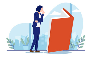 Learning business - Businesswoman reading large book, thinking and gaining knowledge. Career development and self education concept. Vector illustration with white background.