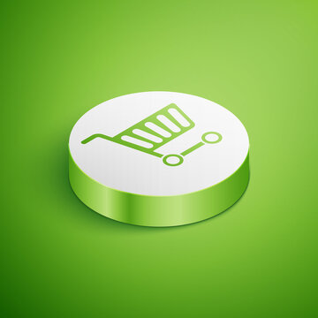 Isometric Shopping cart icon isolated on green background. Online buying concept. Delivery service sign. Supermarket basket symbol. White circle button. Vector Illustration