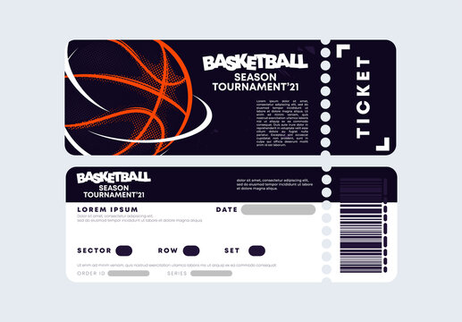 Vector illustration of the entrance ticket template for a basketball game, tournament, stylish dark design with the outline of a basketball ball