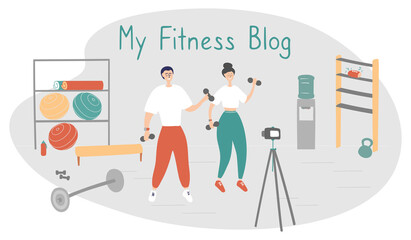 Fototapeta na wymiar Family fitness blog. Bloggers are recording content for their video blog. Athletes are broadcasting to their subscribers with camera on tripod. Fitness and healthy lifestyle concept. Vector