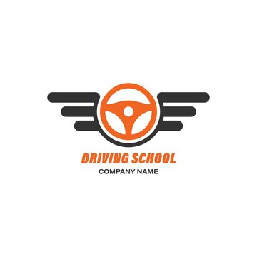 Color illustration of wings, steering wheel, text on a white background. Design element for emblem, sticker, badge, label, icon. Vector illustration. Driving school symbol.