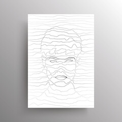 Portrait of an abstract male face in linear distortion style isolated on white background. Design for wall decoration. Vector