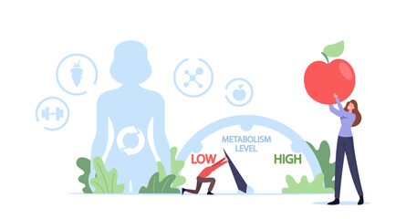 Metabolism of Human Organism Concept. Tiny Character Move Arrow to Increase Metabolic System Level. Diet Food for Energy - obrazy, fototapety, plakaty