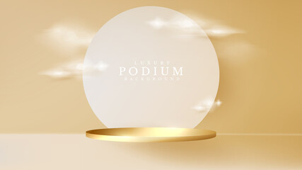 3d podium gold along with cloud. luxury abstract background. cylinder shape podium for show product cosmetics or stage for award ceremony. vector illustration.
