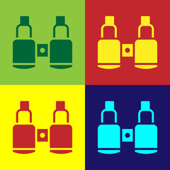 Pop art Binoculars icon isolated on color background. Find software sign. Spy equipment symbol. Vector