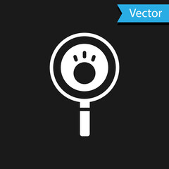 White Paw search icon isolated on black background. Magnifying glass with animal footprints. Vector