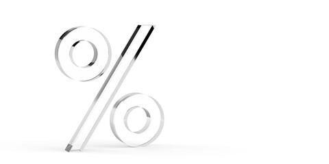 Glass percent sign or symbol over white background, sale or promotion concept