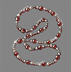 Beautiful red beads, in the form of a necklace with pearls. They lie carelessly on the table. Illustration in the style of fashion sketch by hand. Vector.
