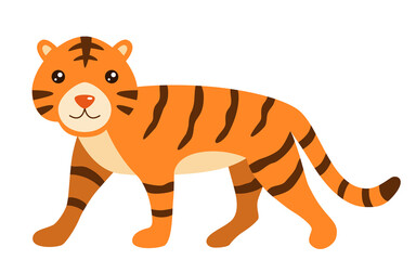 Vector tiger in cartoon style isolated on white background, illustration for children, tiger in flat design
