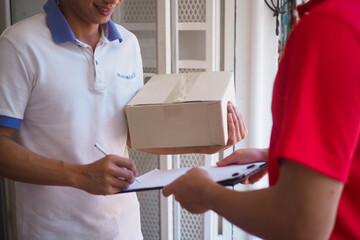 The shipper delivery food to the home of the online buyer. stay at home reduce the spread of the...