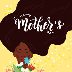 Happy Mother's day hand lettering text with beautiful flowers. Good for card, poster, banner, invitation, postcard, icon. Vector illustration.