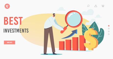 Best Investments Landing Page Template. Business Man Analyse Invest Strategies and Portfolio. Analysis Financial Income