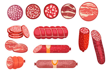 Salami, Pepperoni Smoked Sausage, Beef Meat and Ham Farm or Butcher Store Production. Bacon, Boiled Sausage Delicatessen