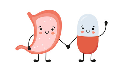 Fototapeta premium Healthy stomach and happy smiling medicine pill characters hold hands. Kawaii medicine capsule and cute stomach characters. Help with gastritis. Vector isolated illustration on white background.