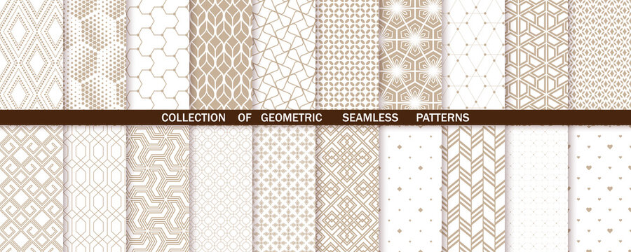 Geometric set of seamless beige and white patterns. Simple vector graphics