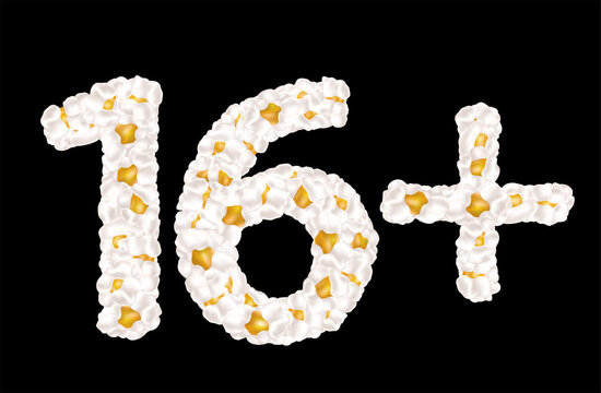 Age limit 16 plus. Vector illustration made up of airy popcorn