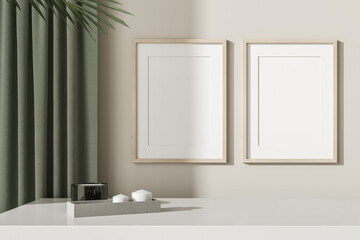 Fototapeta na wymiar Two blank vertical posters in a wooden frame against the background of a beige wall, chest of drawers and curtains. Mock up. 3d rendering