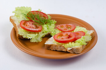 Vegetable Sandwiches and brown clay plate on white background. S