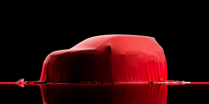 The SUV car is covered with red cloth on a black background. 3d rendering