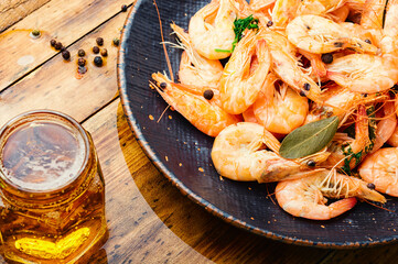 Delicious boiled prawns and beer
